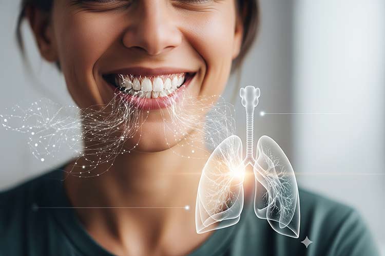 a person smiling, with a subtle overlay showing connections between teeth and lungs, symbolizing the link between oral health and respiratory health.